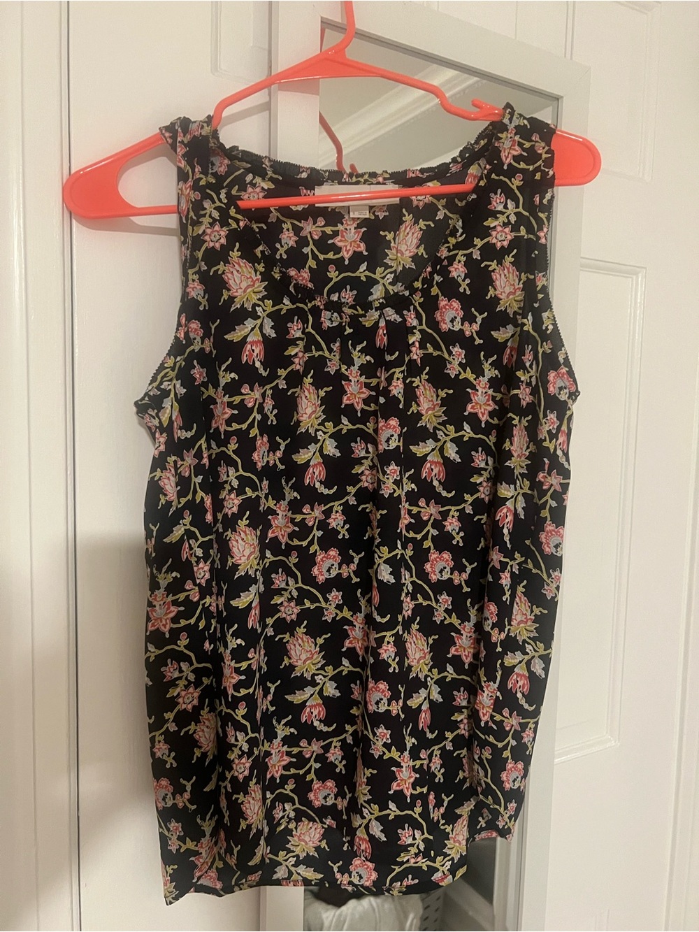 Navy Floral Sleeveless Blouse with Pink & Green Print